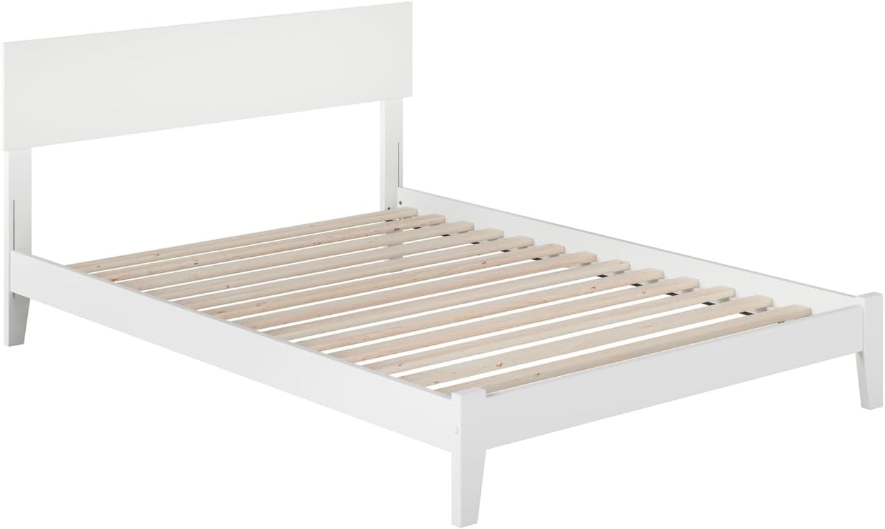 White Full Mid-Century Modern Wood Platform Bed with Headboard