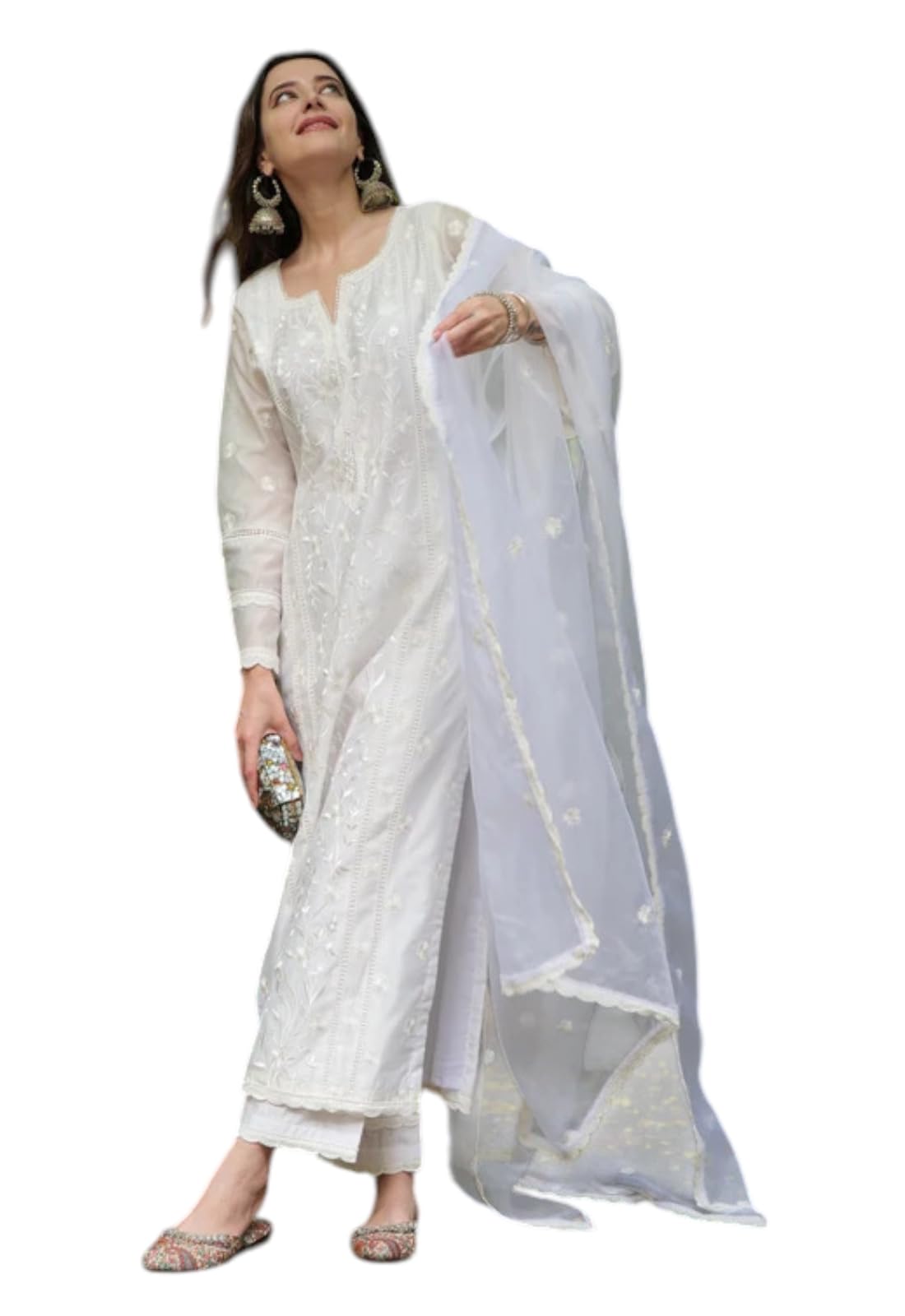 yashika Women's Crepe Embroidered Kurta Pant Dupatta Set with Floral Thread Work, Sheer Sleeves and Matching Net Dupatta-picture-13