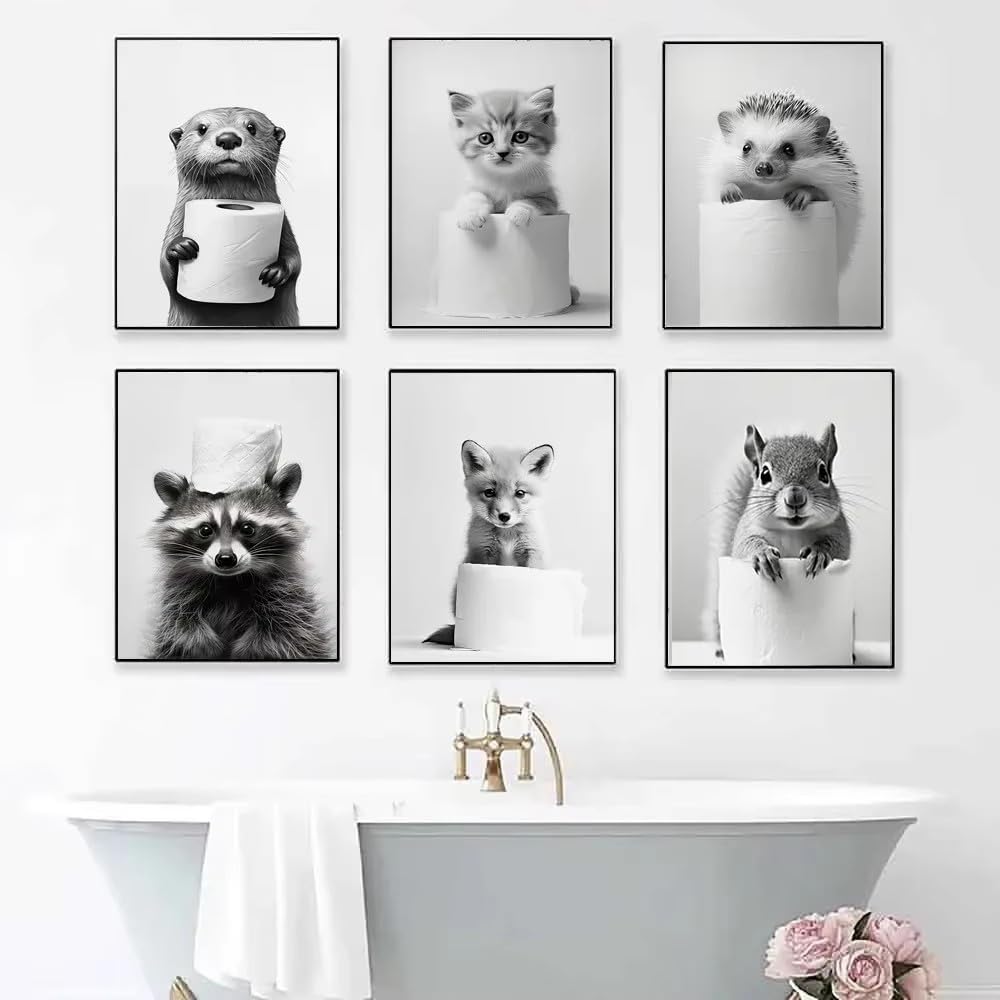 Affiche Murale Noir et Blanc Humour Animaux 40x50 Poster WC Deco Salle de Bain Toilette Humoristique