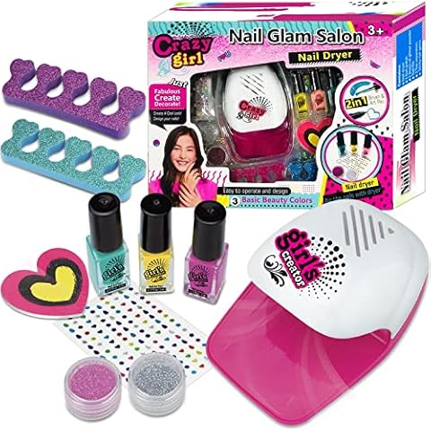 STAY GENT Nail Varnish Set Kids Nail Art Kit Washable Make Up Sets for Girls, 10Pcs Real kit Quick-Dry Strippable Nail Polish with Nail Dryer, Birthday for Girls Aged 5 6 7 Nail Glam Salon Crazy Girl Cover