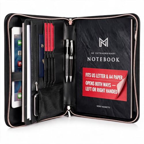 Image of NERO MANETTI- Zippered Vegan Leather Padfolio /Portfolio Pad Holder-Business PU Leather Notepad Folder for Resumes, Interviews, iPad /Tablet, Phone, Legal Pad Notebook Executive Binder for Women, Men
