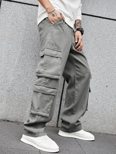 Image of Men's 8 Pocket Cargo Pants | Premium Cotton Twill Baggy Fit Trousers | Stretchable Casual Streetwear Cargos | Mid Rise
