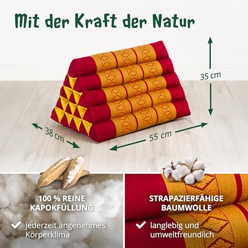 Foto von livasia Rückenstützkissen extrahoch - 38x55x35cm - Dreieckskissen für Garten und Balkon, Keilkissen mit Kapok, Lagerungskissen für Beine, handgefertigt, Meditationskissen (Rot/Gelb)