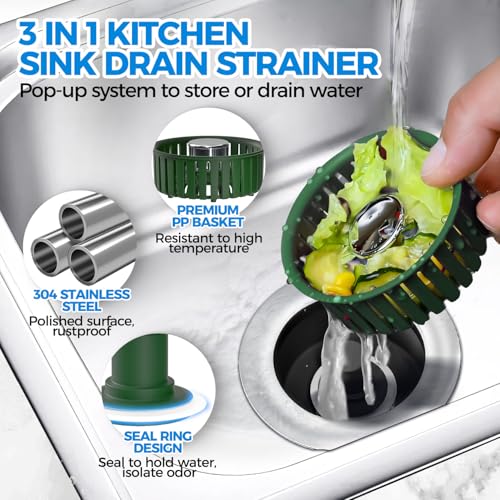Upgraded 3in1 Kitchen Sink Drain Strainer & Sink Stopper, Stainless Steel Kitchen Drain Plug & Cover with Anti-Clogging Basket Strainer, Fit US Standard 3-1/2'' Sink Drain Hole, OliveGreen