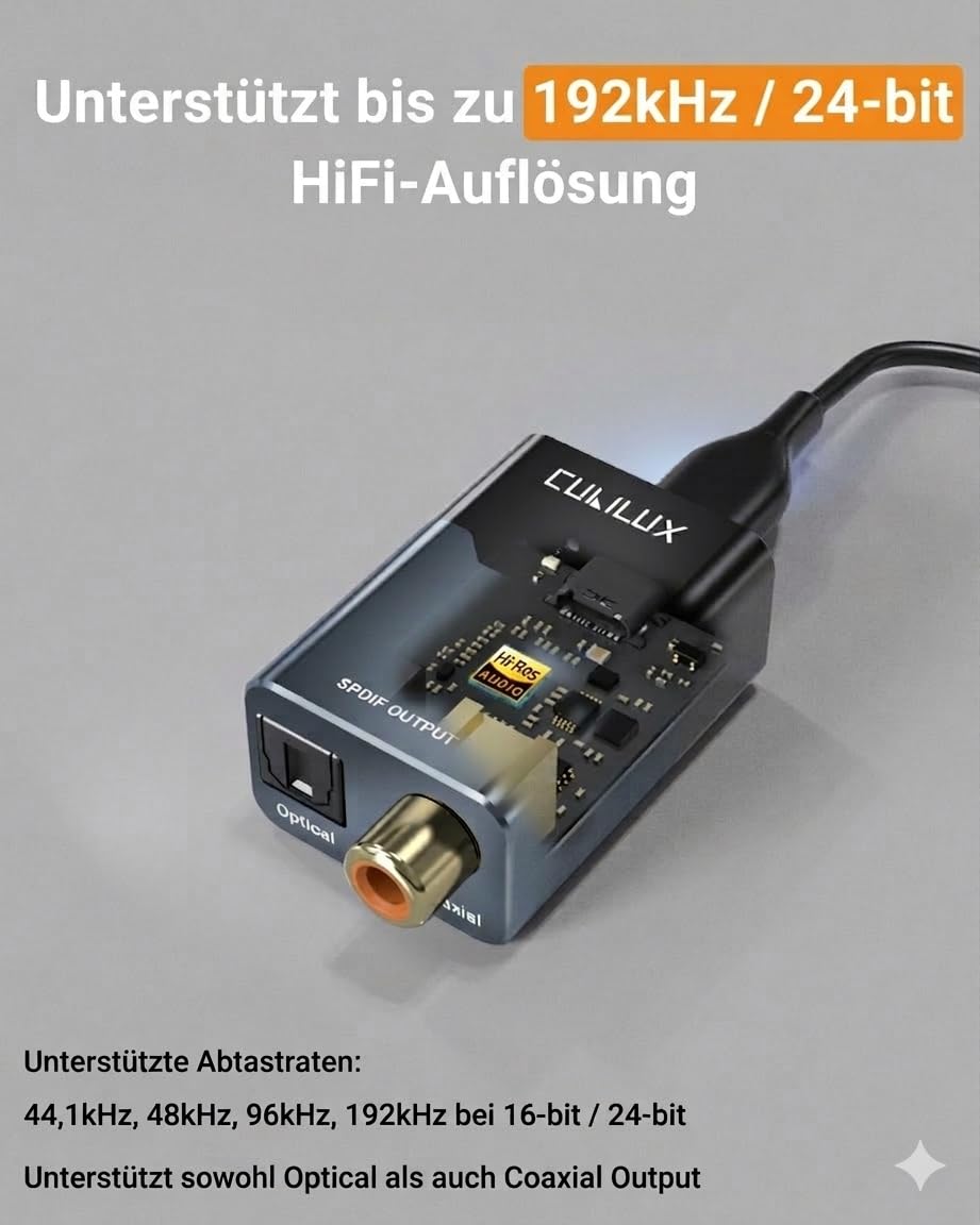 Cubilux USB C/A zu Optisch und Koaxial SPDIF Audio Adapter, 192 kHz 24 Bit PCM, Stereo und 5.1 Passthrough Digitalausgang, TOSLINK und Koax Dual Port, Plug and Play (Gray)