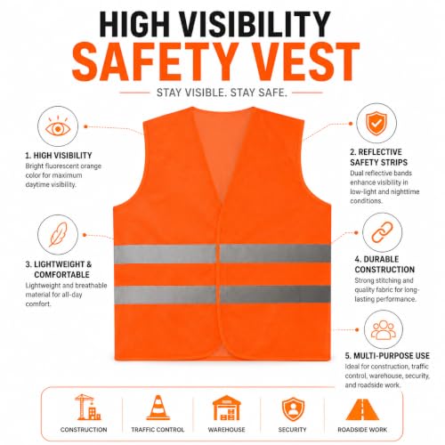 Image of VRITRAZ Unisex High Visibility Reflective Safety Vest | Multi-Pocket Safety Workwear Jacket for Construction Workers, Engineers, Security Guards, Factory & Road Safety Use