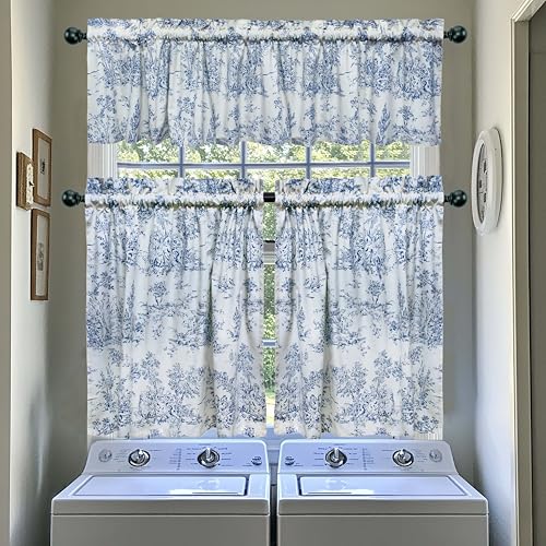 COTTON-CRAFT-Cafe-Curtains-Tier-Window-Treatment-Curtains-Blue-White-French-Country-Toile-Print-3-Pack-Set-with-Valance-100-Cotton-Kitchen-Farmhouse-Country-Rustic-Laundry-Bedroom-Curtain-Set COTTON CRAFT Cafe Curtains Tier Window Treatment Curtains Blue White French Country Toile Print 3 Pack Set with Valance 100 Cotton Kitchen Farmhouse Country Rustic Laundry Bedroom Curtain Set