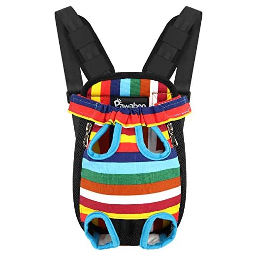 Pawaboo Pet Carrier Backpack, Adjustable Pet Front Cat Dog Carrier Backpack Travel Bag, Legs Out, Easy-Fit for Traveling Hiking Camping for Small Medium Dogs, Extra Large Size, Colorful Strips