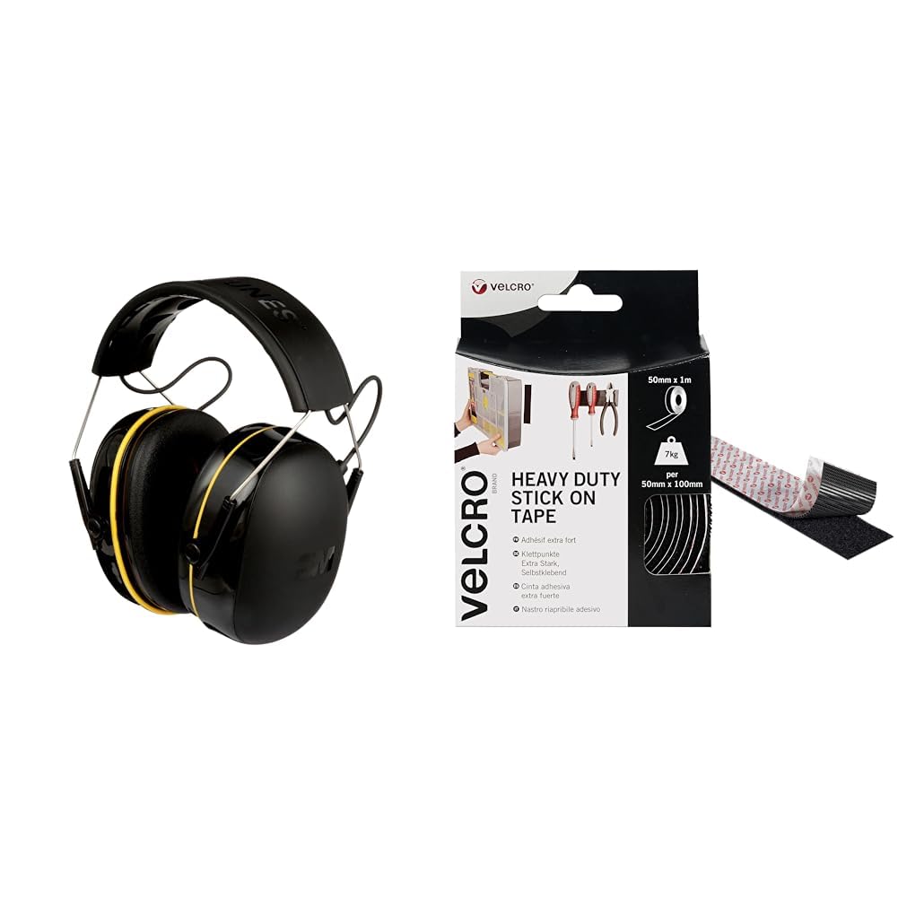 3MWorkTunes Connect, Bluetooth Ear Defenders Wireless, 90543EC1, Hearing Protector Earmuffs & Velcro Brand Heavy Duty Stick On Tape Cut-to-Length Industrial Extra Strong Double Sided Hook