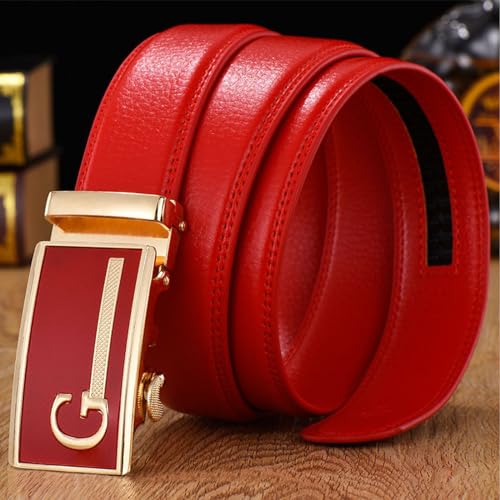 Mens Ratchet Belt, Adjustable Cowhide Belt for Men with Gold Pattern Alloy Decorative Automatic Buckle,Red a,130CM/51.2''2