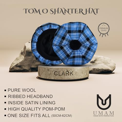 Image of Scottish Tam O' Shanter Hat Tartan Bonnet Pom Pom Wool Flat Cap One Size