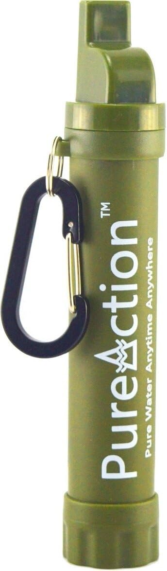 PureAction Filter - Personal Water Purifier Straw With Bottle Attachment, Compass, Carabiner and Mirror - Removes Protozoa and Bacteria - Filters Up To 1500 Liters - Highest Filtration To 0.1 Microns
