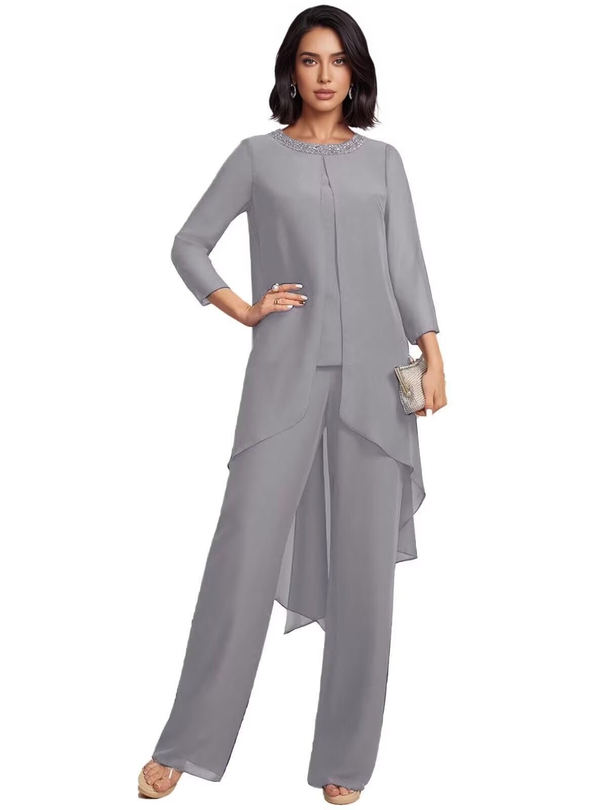 2 Piece Mother of The Bride Pant Suits 3 4 Sleeves Chiffon Sequin Wedding Guest Evening Party Outfit