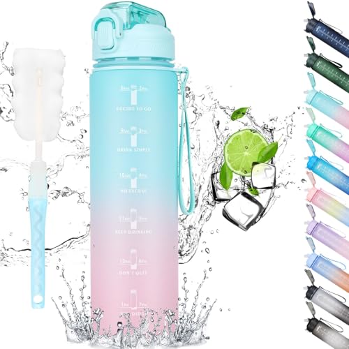 CodiCile Bouteille d'eau de sport de 1 l avec paille et heures d'hydratation, bouteille d'eau étanche avec couvercle sans BPA pour sport, gym, bureau, course à pied,vert et rose