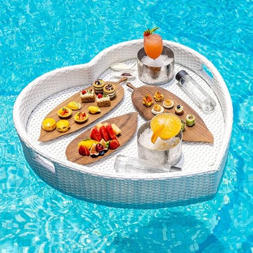 LYDZUSDP Rattan Floating Breakfast Tray Creative Heart-Shaped Swimming Pool Floating Tray Table Extra Large Water Floating Table for Party(White)