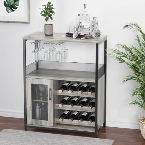 Armadietto da bar per vino a 3 livelli, con armadietto per vino rimovibile e spazio di archiviazione, armadio da credenza con porta in vetro e porta in rete, per cucina, soggiorno e bar (grigio)