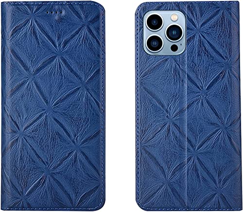 Funda de cuero genuino para iPhone 14 Pro Max azul con tarjetero magnético y acabado elegante