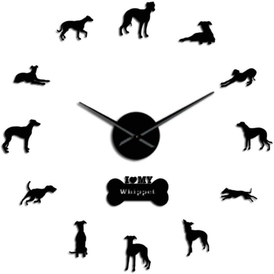 wffmx Whippet De Gran Tamaño Retrato De Perro 3D Acrílico DIY Reloj De Pared Galgo Italiano Canino Animal Efecto De Espejo Pegatinas De Pared Reloj Reloj-37Inch