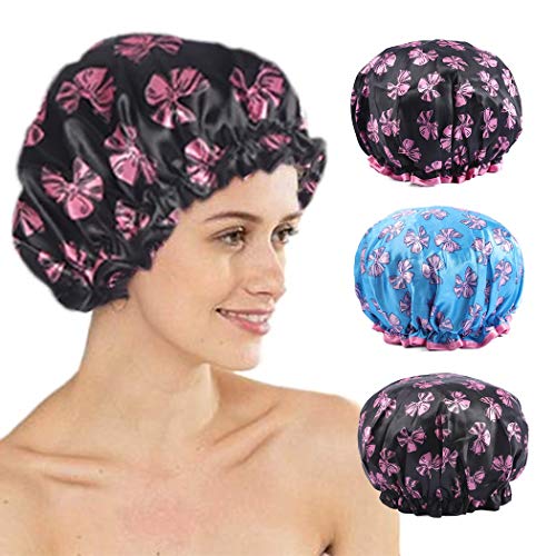 Graeen Bath Cap Satin Bonnet Double Layers Bath Hat Waterproof Shower Cap Bathing Hair Cap For Women and Girls(Pack of 3)