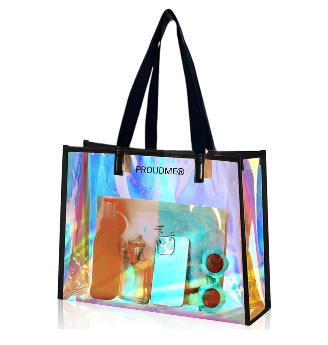 Holographic Classic Tote Bag For Women, Stylish Transparent Design,Perfect Size (35X27X10 Cm), Black