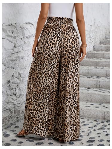Verdusa Women's Wide Leg Dressy Pants Leopard Print Paperbag Waist Palazzo Pants with Pocket Casual Summer Outfits2