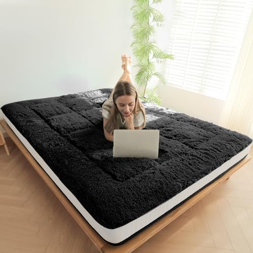 MAXYOYO 6 Inch Extra Thick Fluffy Floor Futon Mattress, Long Plush Floor Mattress for Adults Twin Mattress, Super Soft Fuzzy Bed Mattress Portable Japanese Futon Guest Mattress RV Mattress, Black