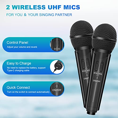 Karaoke Machine for Adults and Kids with 2 Wireless Microphones, Portable Bluetooth Karaoke Microphone Adjustment Singing Karaoke PA Speaker System for Home Party, Outdoor Party, Meeting, Wedding - Image 4