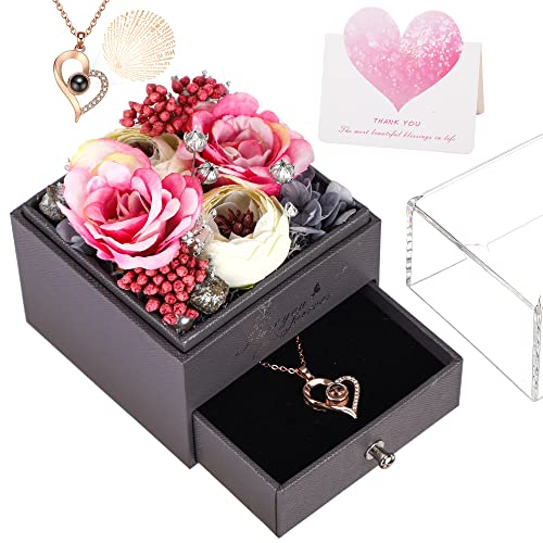 Künstliche Blume mit Halskette Freundin Geschenke, Rosen für Valentinstag Muttertag Geburtstag Weihnachten, Liebe Dich für Immer Geschenke für Frauen Mama Oma (Box FH17-13) Cover