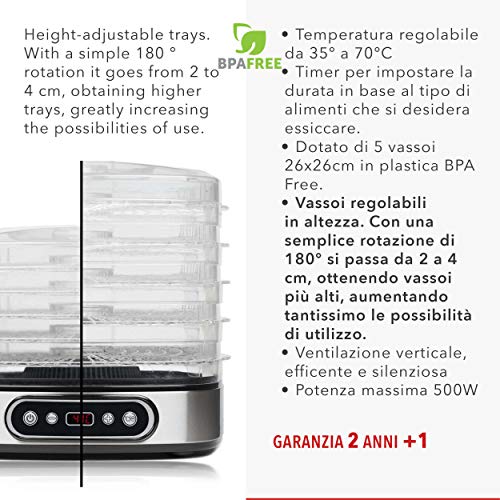 Classe Italy | Dörrgerät für Lebensmittel, niedriger Energieverbrauch, 5 Jahre italienische Garantie, BPA-frei, Dörrgerät für Obst, Gemüse, Fleisch, Fisch, Trockenfrüchte, 500 W, 23 Liter, Stahl – Bild 3