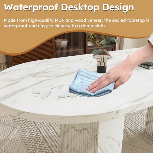 Image of 63 Inch Oval Dining Table for 6 to 4 People, White Oval Faux Marble Kitchen Table with Wood Strip Pedestal Base, Modern Dining Room Table for Kitchen Dinning Room Living Room Apartment Small Space