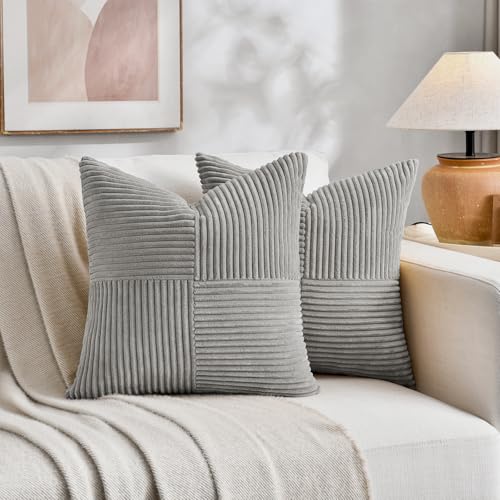 Image of Fancy Homi 2 Packs Grey Decorative Throw Pillow Covers 18x18 Inch for Living Room Couch Bed Sofa, Rustic Farmhouse Boho Home Decor, Soft Corss Corduroy Patchwork Textured Square Cushion Case 45x45 cm