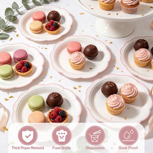 Image of NatNarr 30 Pcs Pink and White Paper Plates, 7 Inch White Plates with Pink Trim Scalloped Dessert Cake Plate Disposable for Baby Shower, Wedding, Bridal Shower, Birthday