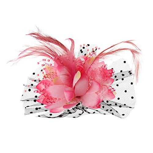 Zripool Women Bridal Wedding Party Hat Mesh Bow Feather Beads Wedding Fascinator Dot Veil Hair Clip Brooch