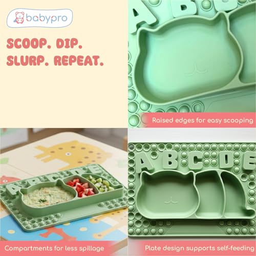 Image of BabyPro Pop-It Silicone Plate & Bowl, Suction Base, Sage Green, Food Grade | Baby Feeding Plate, BPA-Free, 3 Sections, Microwave & Dishwasher Safe