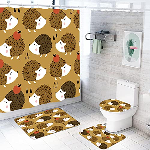 ZDDWLDL 4Pcs Duschvorhänge Set Mit Rutschfesten Teppichen,Toilettendeckel und Badematte Brauner Weißer Roter Apfel Tier…