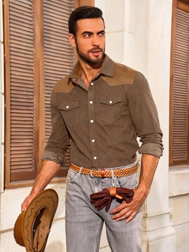 Yousify Mens Corduroy Shirt Long Sleeve Button Down Casual Western Cowboy Shirt Jacket with Flap Pockets3