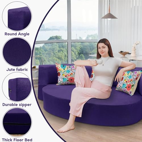 Image of Rosebell -3 Seater Round Modular Sofa Cum Bed |Foldable Convertible Sofa for Living Room | Space-Saving & Stylish Design, for Home, Office - Purple Color