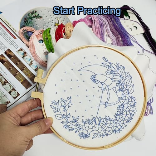 Image of Cute Embroidery Kit Beginner Cross Stitch Kit for Adults Kids - Blue Dress Girl with Moon & Flowers Starter DIY Embroidery Set Includes 23 Color Threads 3 Needles Hoop, Easy Instructions 5.9''x5.9''