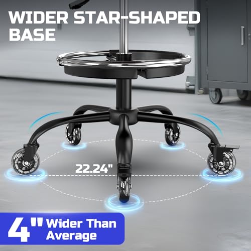 Image of Rolling Shop Stool with Wheels, Garage Mechanic Stool Chair with Backrest, Height Adjustable Heavy Duty Swivel Task Chair, Adjustable Footrest with Storage Tray for Garage Kitchen Salon Tattoo (Blue)