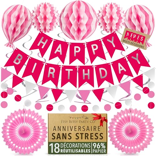 Réutilisable Rose et Platine Kit Anniversaire Fille – Décoration Anniversaire Princesse en Papier avec Guirlande, Fanion, déco anniversaire femme et...