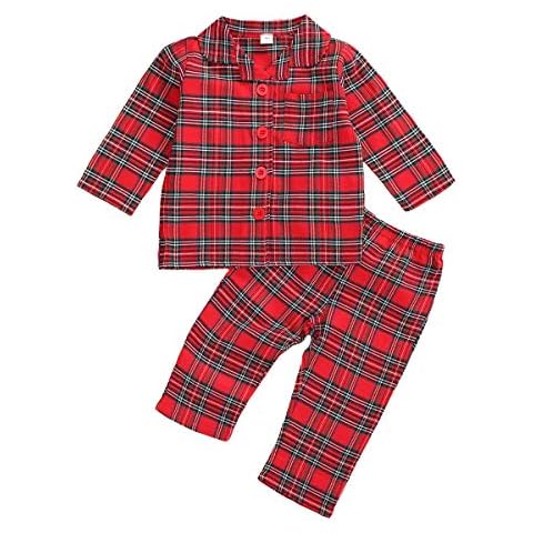 Boys Girls Kids Pajama Sets Solid Color Long Sleeve T-Shirt Top with Pants (Red Plaid, 2-3 Years) Cover
