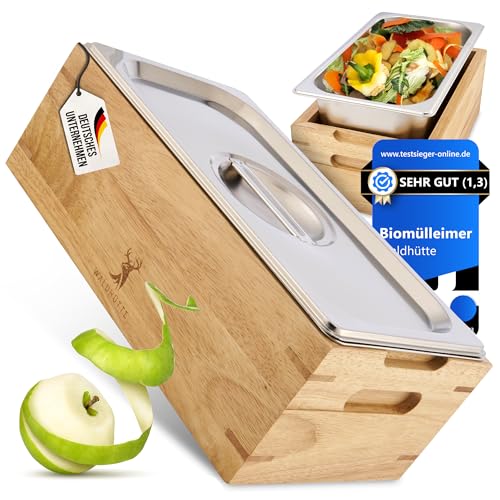 Waldhütte 𝐖𝐚𝐥𝐝𝐡ü𝐭𝐭𝐞 NEU 2023 - Biomülleimer Küche [FSC-Kautschukholz] Spülmaschinenfest + Rostfrei | Komposteimer 4l | Bio Mülleimer ohne Beutel und Filter verwendbar, B2301