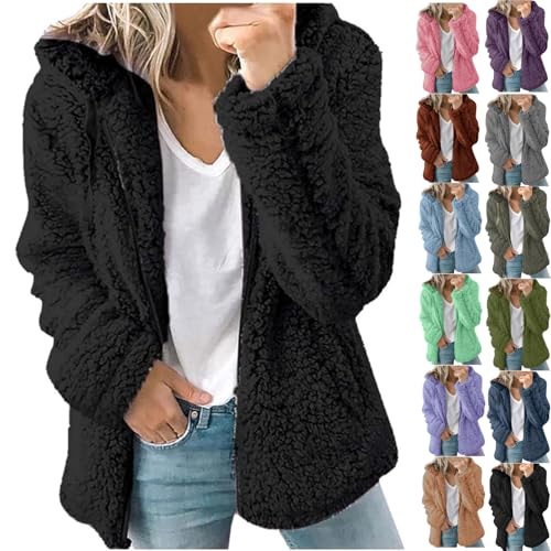 Sherpa Fleece Jackets for Women Casual Solid Long Sleeve Zipper Hooded Plush Coat Winter Warm Sweater Tops