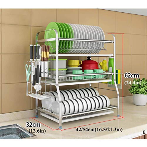 Edelstahl-Geschirrkorb, 3-stufiges Geschirrtrocknerregal mit Ablaufbrett und Besteckhalter-Abflussregal für Theke Silber 42 cm (17 Zoll)