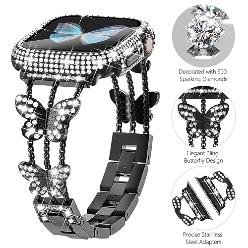 WINGLE Bling Band and Case for Apple Watch Band Women Series 11 10 42mm, Butterfly Diamond Metal Band Rhinestone Crystal Bracelet Jewelry Fancy Chain with Sparkle Screen Protector Case, 42 mm Black - image 3