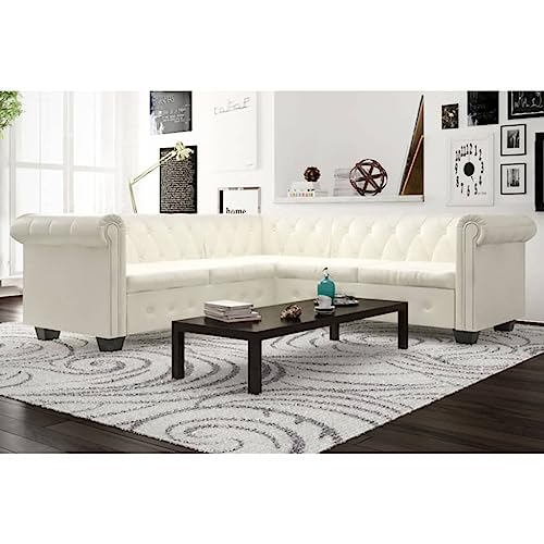 RMIHSJG Canapé d'angle Chesterfield 5 places en simili cuir blanc avec boutonnage et rivets pour salon et bureau