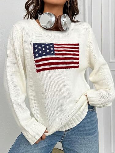 Women's American Flag Sweater Vintage Star Print Long Sleeve Crew Neck Sweater Top 4th of July Knit Top3