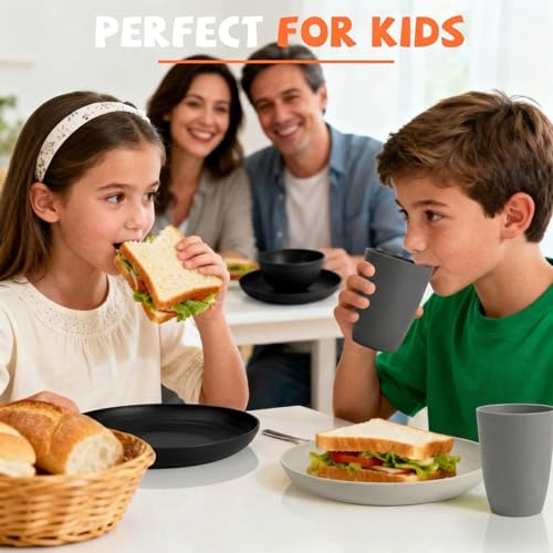 Image of 20 PCS Wheat Straw Plates and Bowls Sets,Kids Dishes Dinnerware Sets for 4,Unbreakable Kitchen Plates and Bowls Set for Travel Dishwasher & Microwave Safe Lightweight Dishes Set - BlackGrey