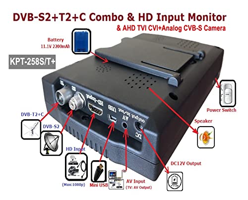 PZPZP TV Signal Finder Meter, HD+AHD DVB-S2 DVB-T/T2 DVB-C Combotest CCTV Camera DVB-T/T2 DVB-C Combosatellite Finder Meter Pk St-5150 258HD,for Adjusting Sat TV Dish(KPT-258ST add AHD)