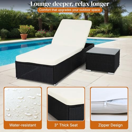 Image of DEVOKO 2 Pieces Outdoor Wicker Lounge Chairs Set with Adjustable Backrest and Glass Top Coffee Table Patio Furniture for Poolside, Balcony, Lawn (Black & White)